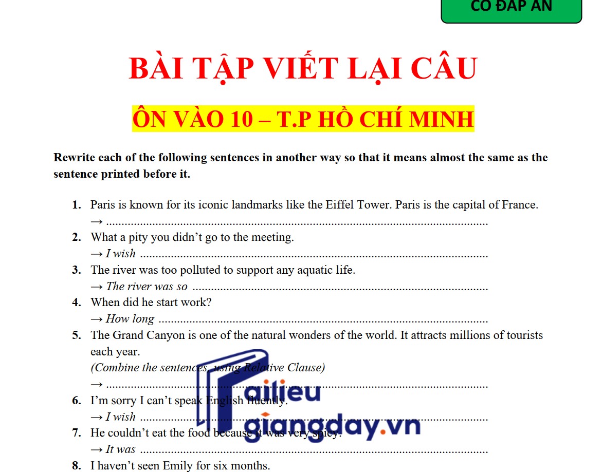 BÀI TẬP VIẾT LẠI CÂU ÔN VÀO 10 TP.HCM